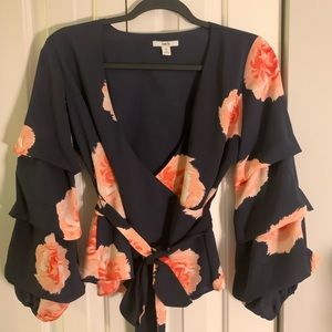 bar III Navy blue & pink floral v-neck blouse